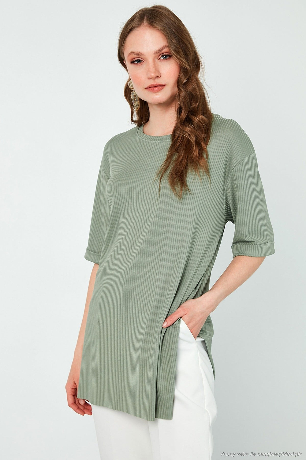 Oversize Bisiklet Yaka Yırtmaç Detaylı Kadın Bluz 5869000 ÇAĞLA