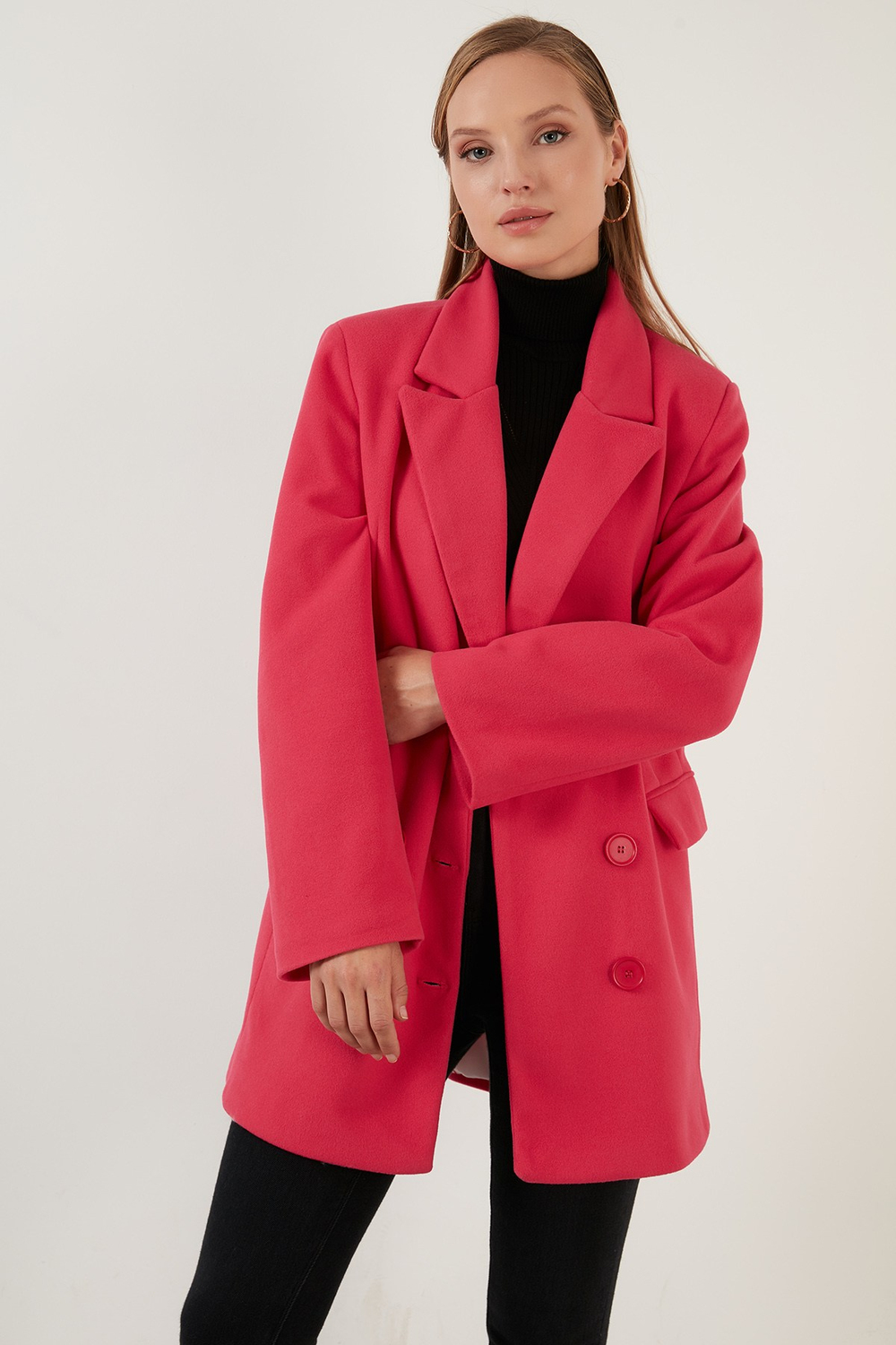 Oversize Çift Düğmeli Cepli Uzun Kadın Kaban 6230058 FUŞYA