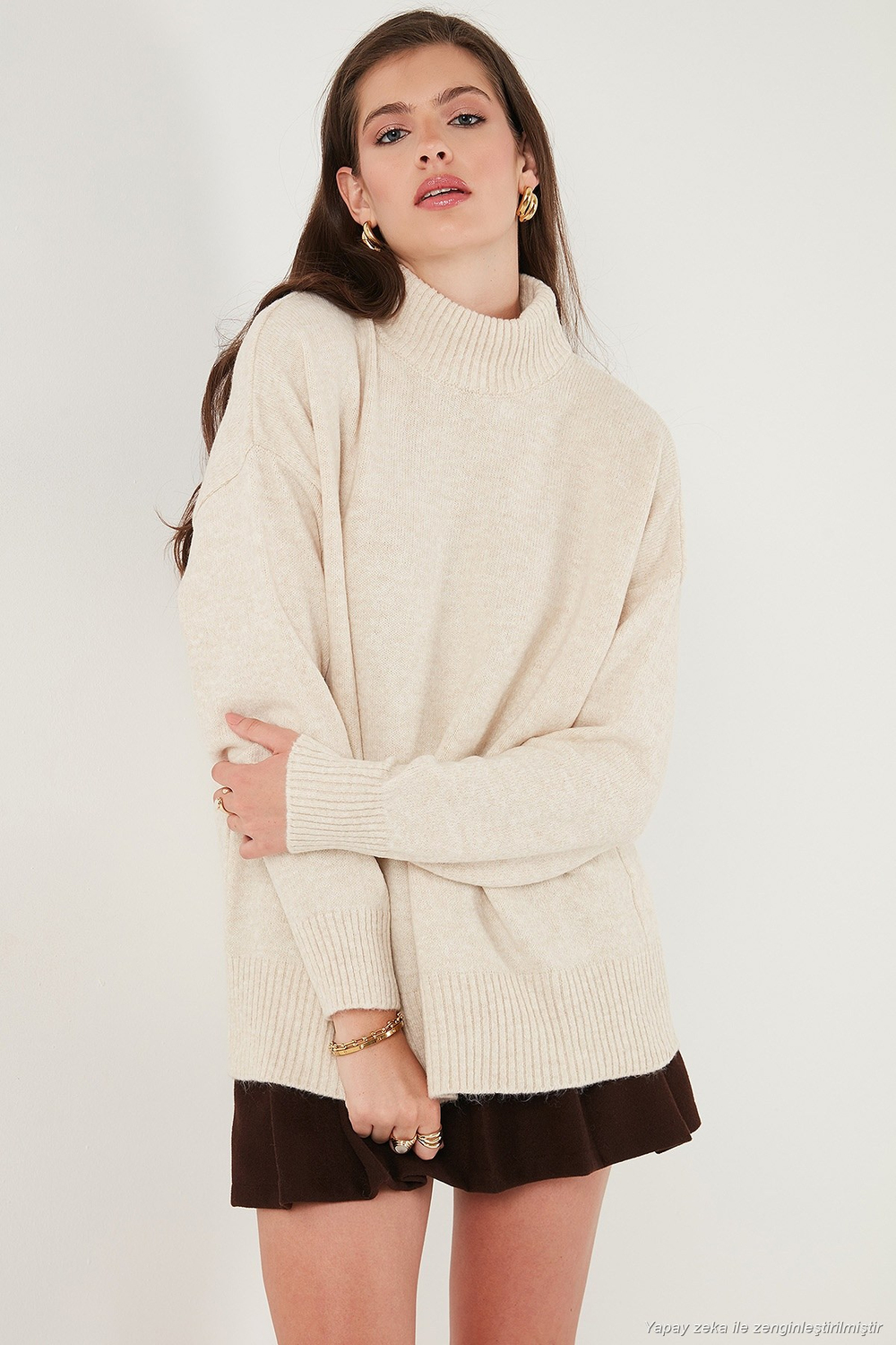 Oversize Fit Balıkçı Yaka Yumuşak Dokulu 2li Paket Triko Kadın Kazak 680KZ00469S2 Taş-Bordo