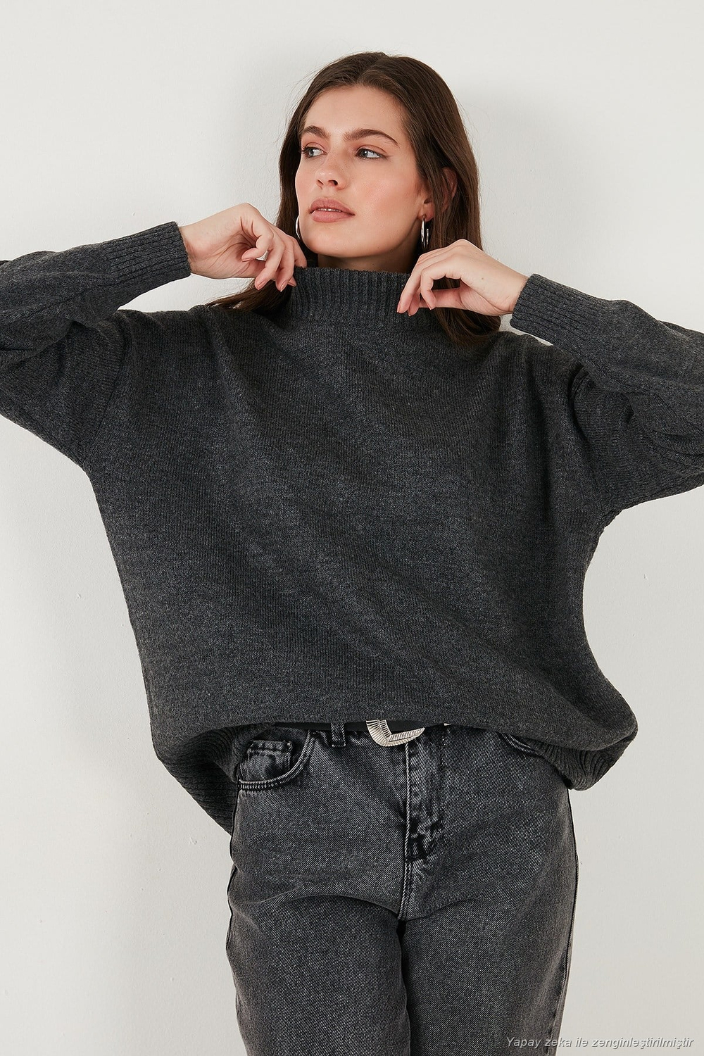 Oversize Fit Balıkçı Yaka Yumuşak Dokulu 2li Paket Triko Kadın Kazak 680KZ00469S2 ANTRASİT-SİYAH