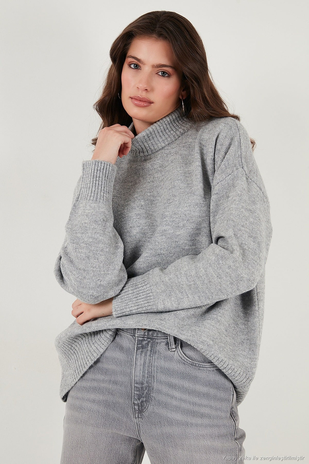 Oversize Fit Balıkçı Yaka Yumuşak Dokulu 2li Paket Triko Kadın Kazak 680KZ00469S2 Açık Gri-Bordo