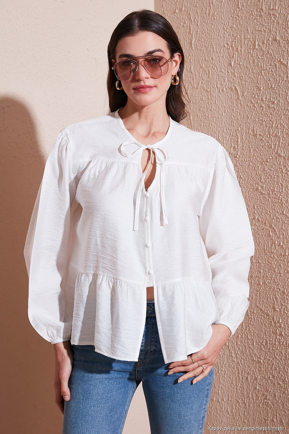 Oversize Fit Balon Kol Bağlamalı Yaka Detaylı Kadın Gömlek 6772618 BEYAZ