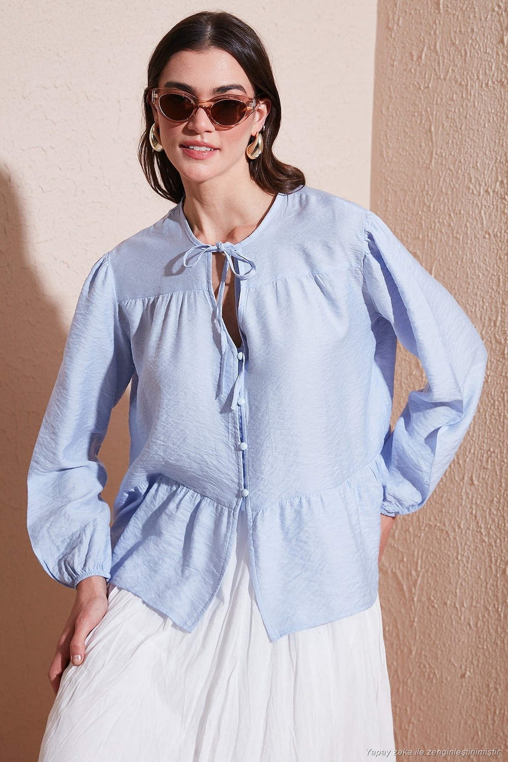 Oversize Fit Balon Kol Bağlamalı Yaka Detaylı Kadın Gömlek 6772618 BEBE MAVİ