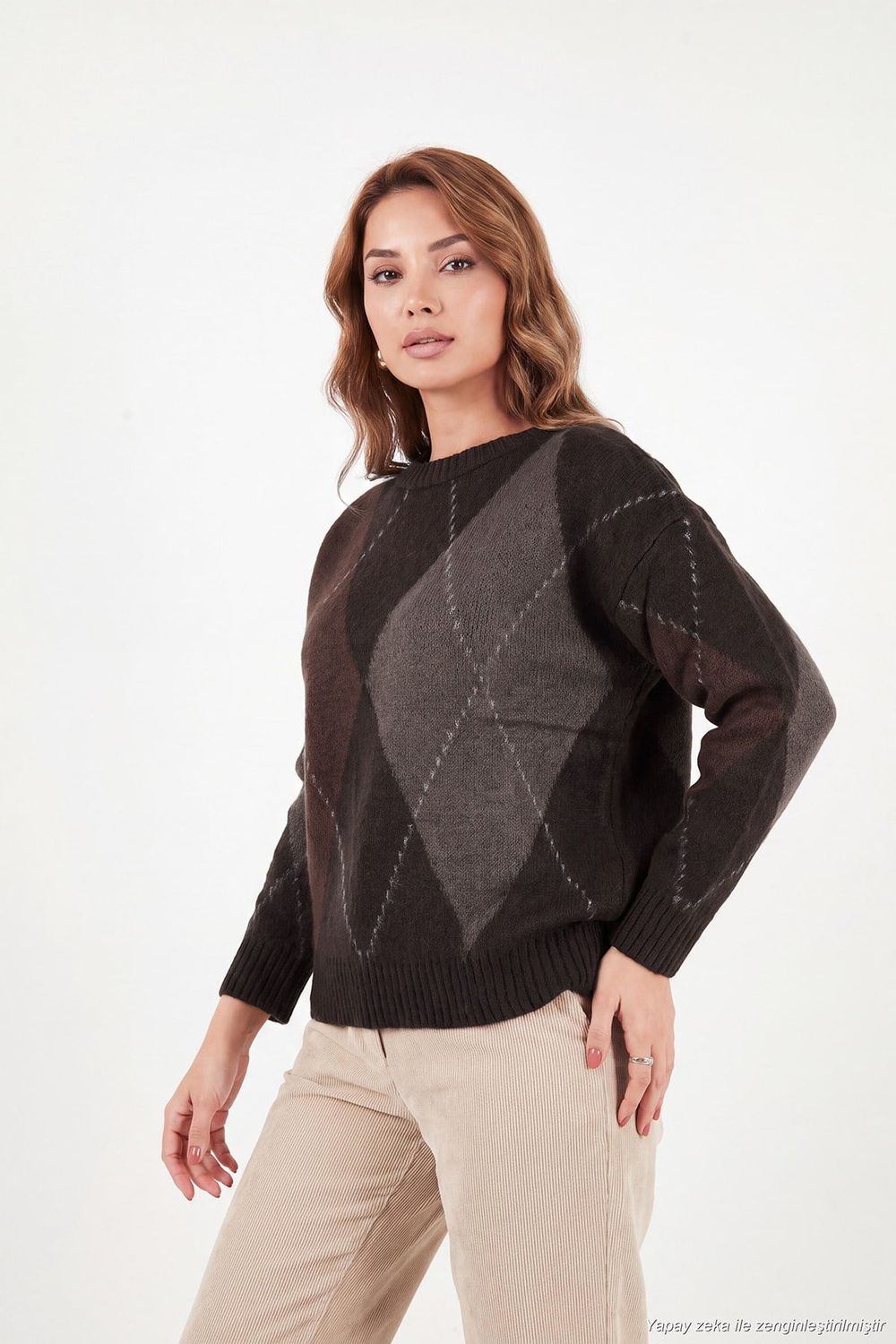 Oversize Fit Bisiklet Yaka Baklava Desenli Kadın Kazak 4615578 KAHVE