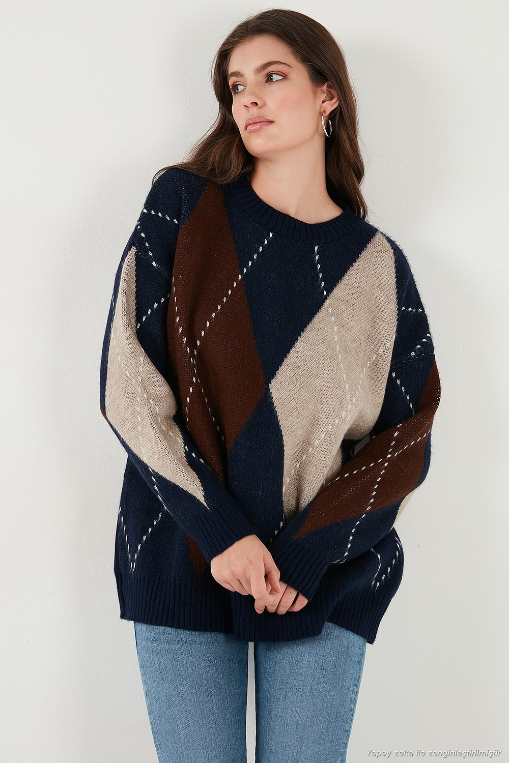 Oversize Fit Bisiklet Yaka Baklava Desenli Kadın Kazak 4615578 LACİVERT