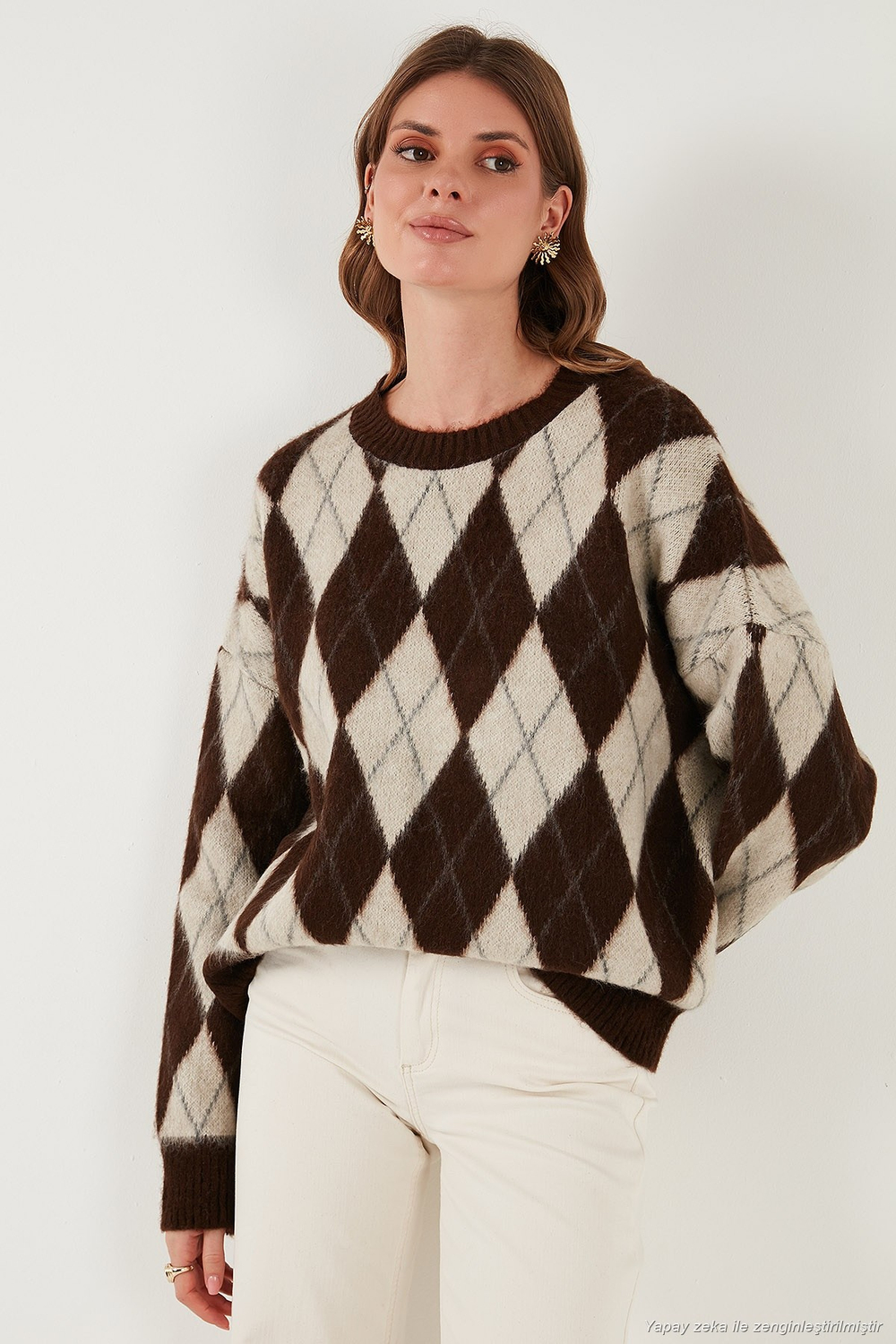 Oversize Fit Bisiklet Yaka Baklava Desenli Yumuşak Dokulu Kadın Kazak 4616223 KAHVE