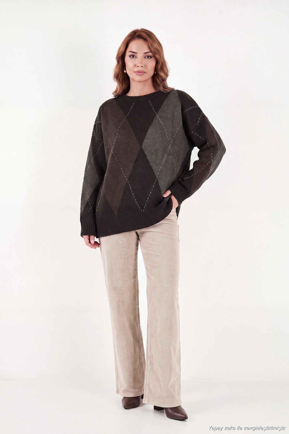 Oversize Fit Bisiklet Yaka Baklava Desenli Kadın Kazak 4615578 KAHVE
