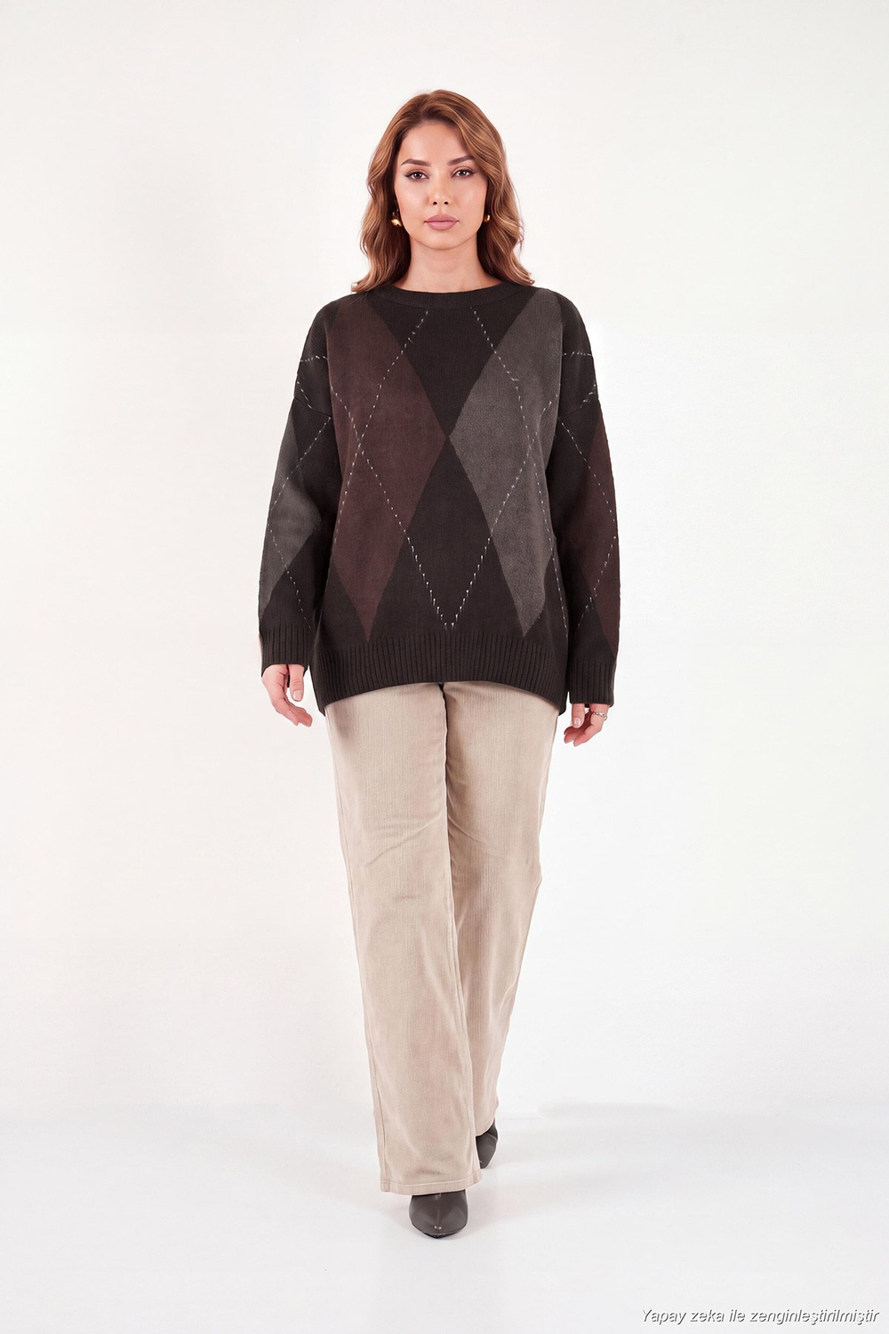 Oversize Fit Bisiklet Yaka Baklava Desenli Kadın Kazak 4615578 KAHVE