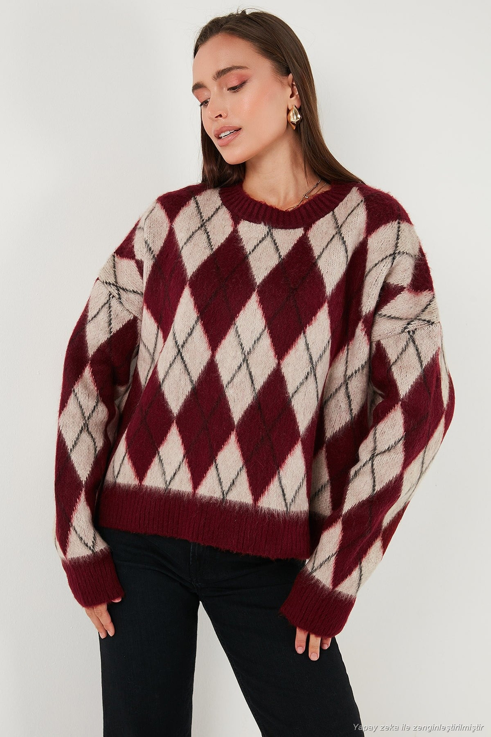 Oversize Fit Bisiklet Yaka Baklava Desenli Yumuşak Dokulu Kadın Kazak 4616223 BORDO