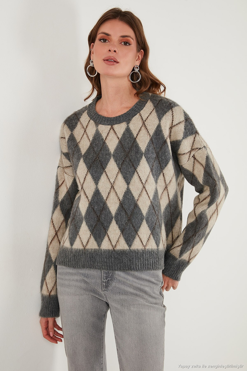 Oversize Fit Bisiklet Yaka Baklava Desenli Yumuşak Dokulu Kadın Kazak 4616223 GRİ