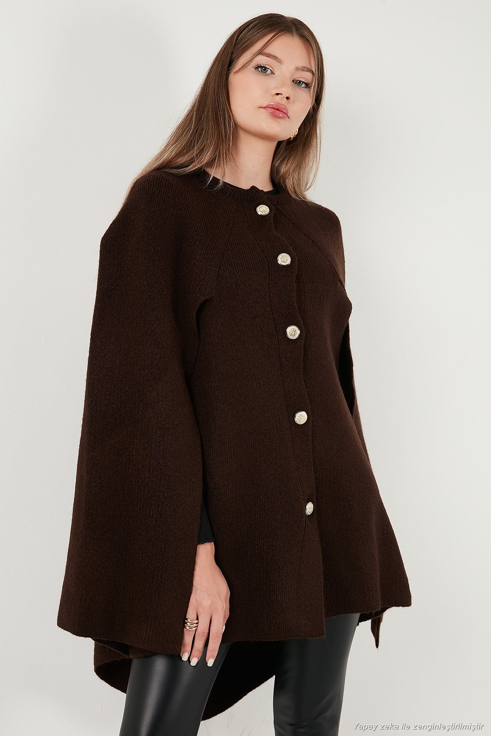 Oversize Fit Bisiklet Yaka Pelerin Kol Düğmeli Kadın Panço 4617015 KAHVE