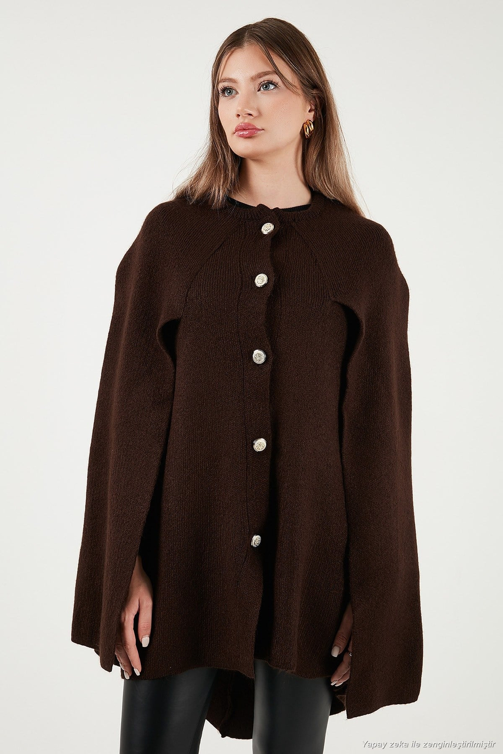 Oversize Fit Bisiklet Yaka Pelerin Kol Düğmeli Kadın Panço 4617015 KAHVE