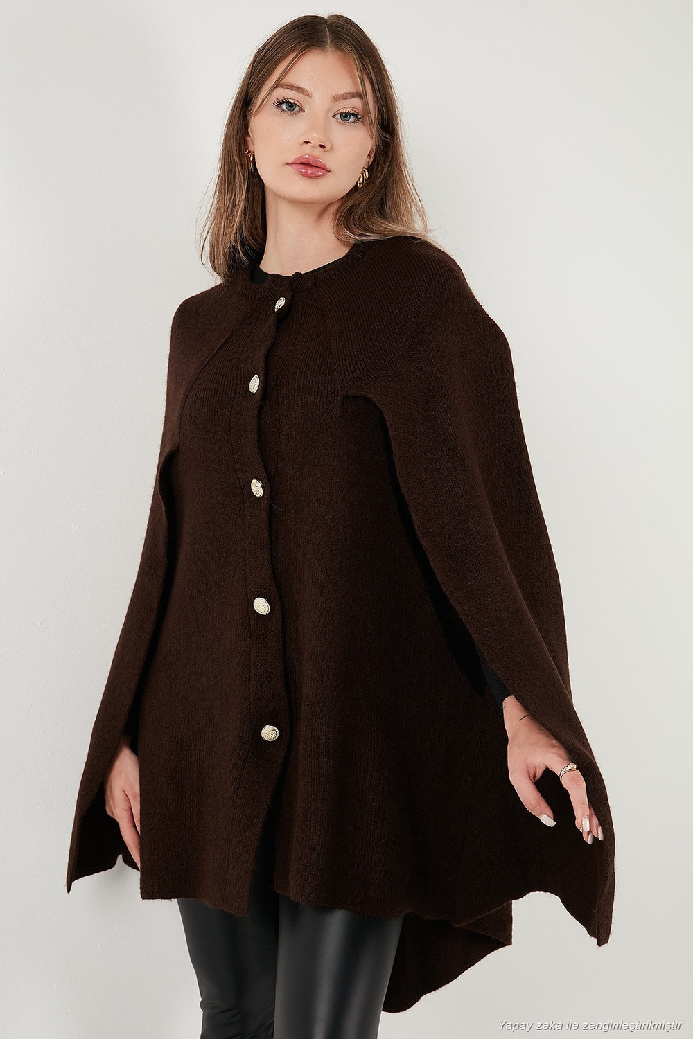 Oversize Fit Bisiklet Yaka Pelerin Kol Düğmeli Kadın Panço 4617015 KAHVE