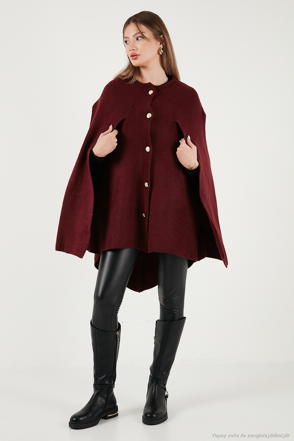 Oversize Fit Bisiklet Yaka Pelerin Kol Düğmeli Kadın Panço 4617015 BORDO