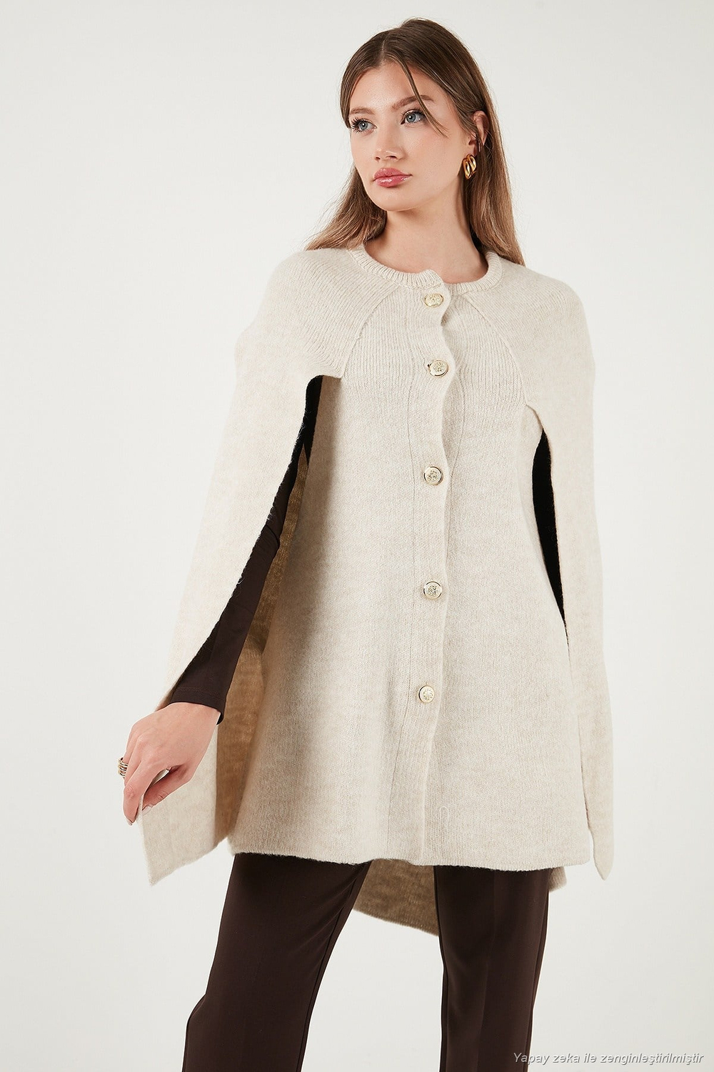 Oversize Fit Bisiklet Yaka Pelerin Kol Düğmeli Kadın Panço 4617015 TAŞ