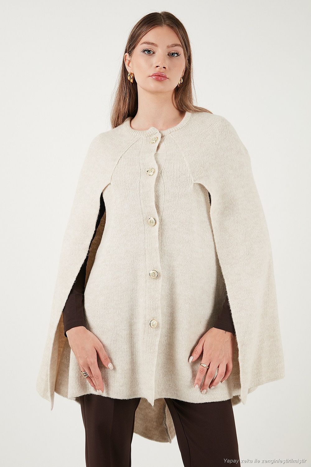 Oversize Fit Bisiklet Yaka Pelerin Kol Düğmeli Kadın Panço 4617015 TAŞ