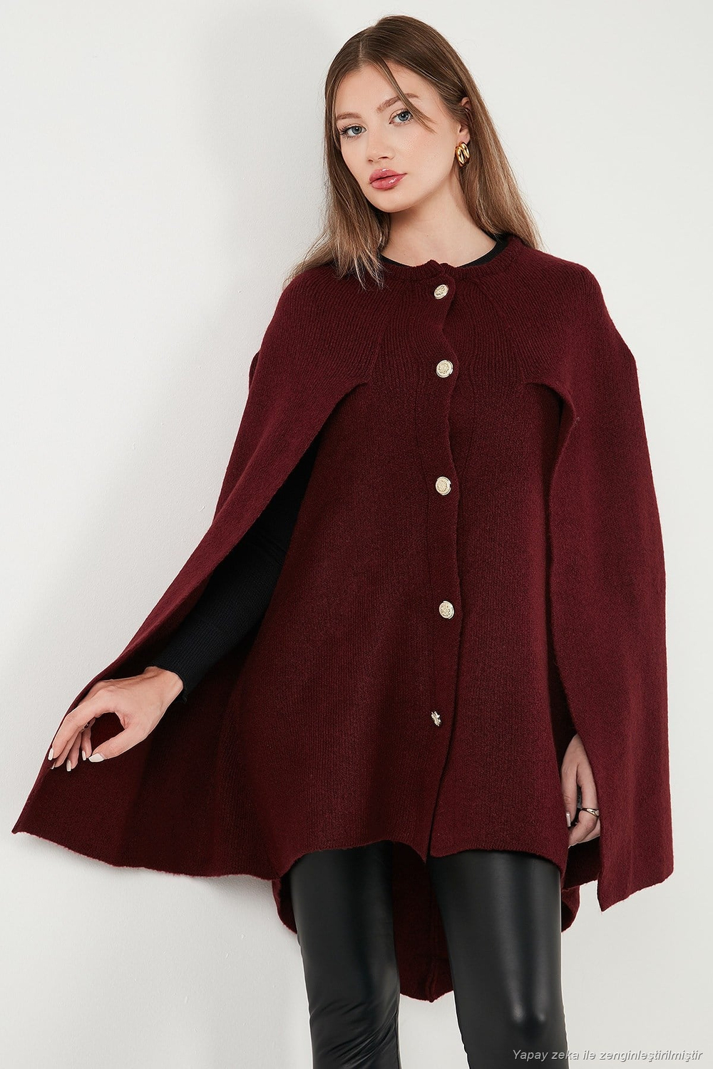 Oversize Fit Bisiklet Yaka Pelerin Kol Düğmeli Kadın Panço 4617015 BORDO