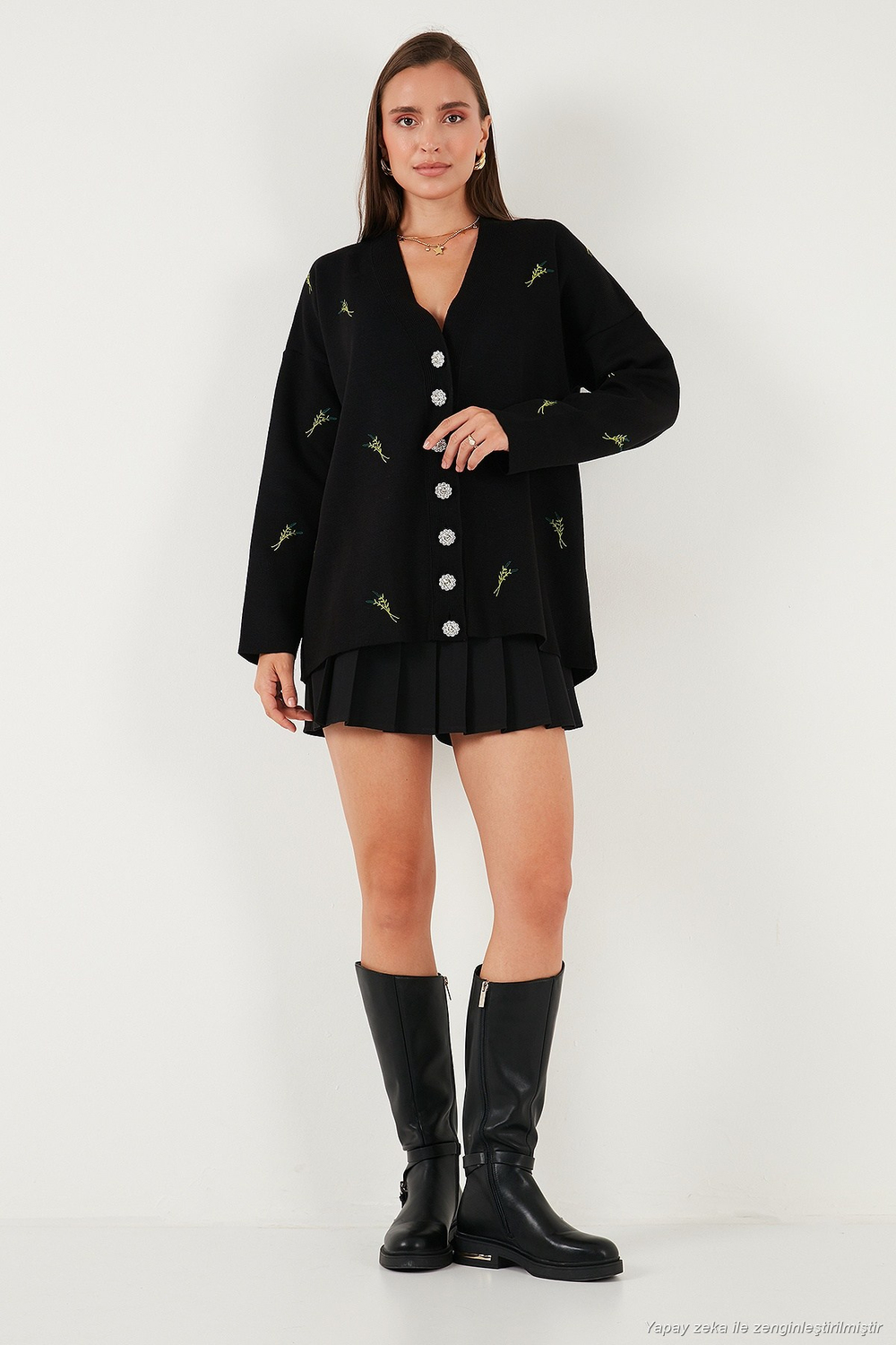 Oversize Fit Desenli V Yaka Triko Kadın Hırka 4616193 SİYAH