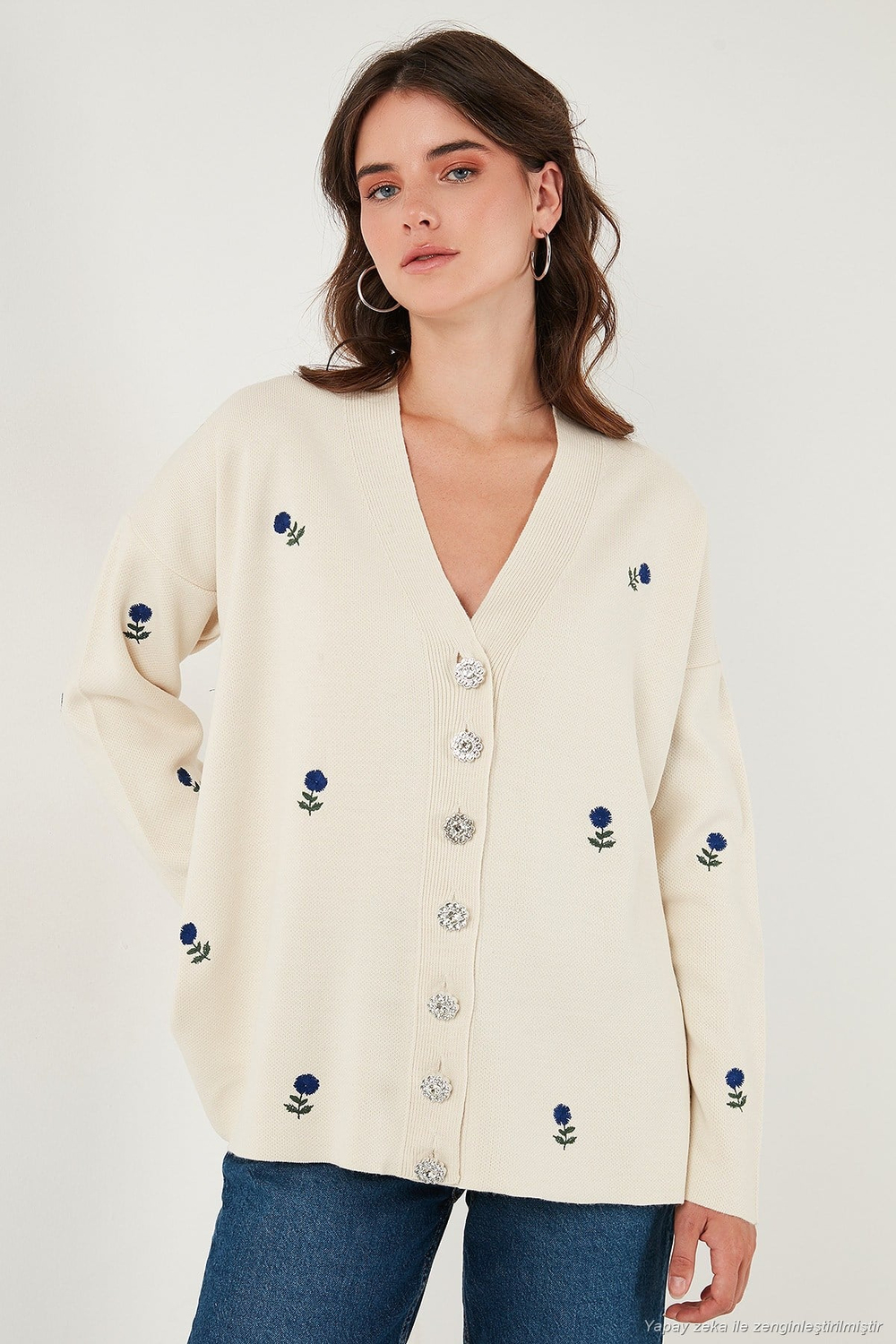Oversize Fit Desenli V Yaka Triko Kadın Hırka 4616193 Krem-Saks