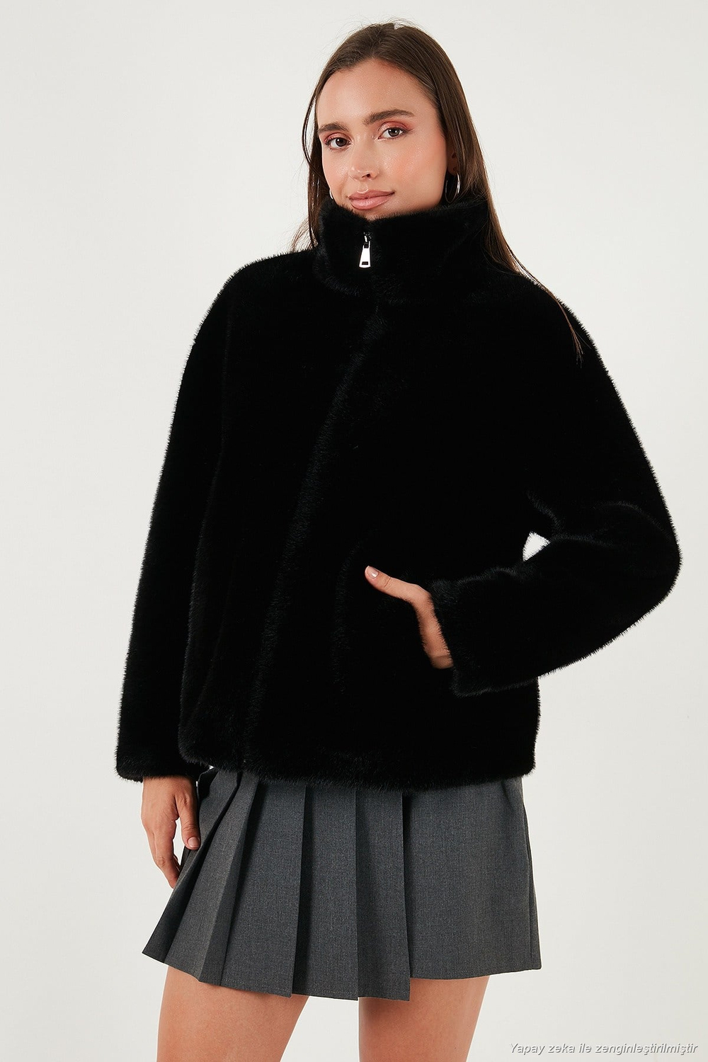 Oversize Fit Dik Yaka Fermuarlı Kadın Kürk 497ZETA SİYAH