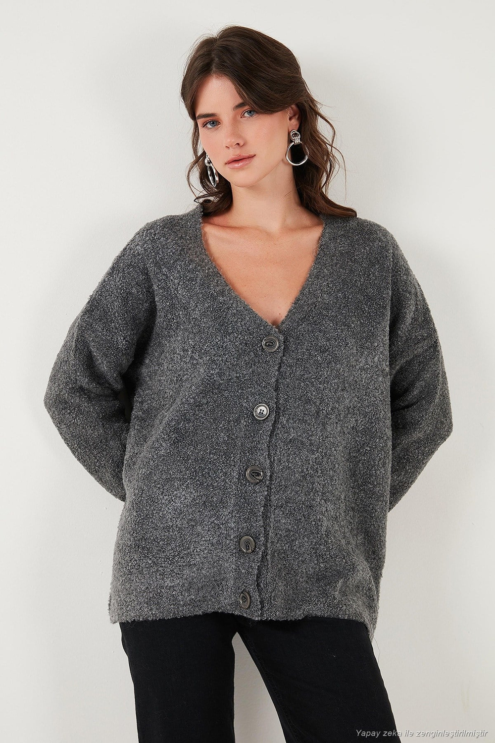 Oversize Fit Düğmeli V Yaka Uzun Kollu Triko Kadın Hırka 4616232 ANTRASİT