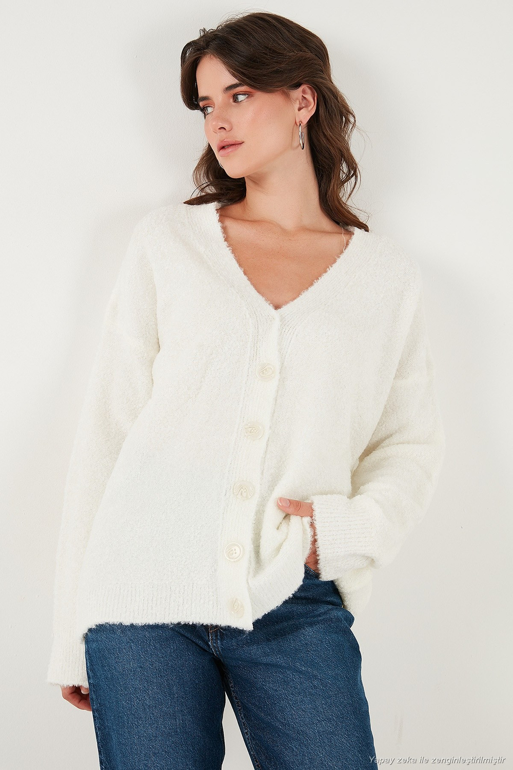 Oversize Fit Düğmeli V Yaka Uzun Kollu Triko Kadın Hırka 4616232 TAŞ
