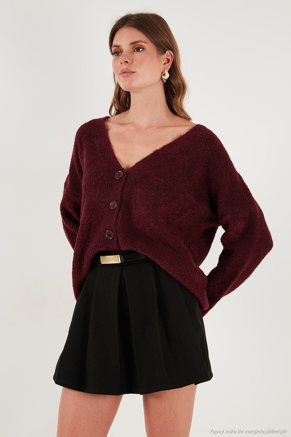 Oversize Fit Düğmeli V Yaka Uzun Kollu Triko Kadın Hırka 4616232 BORDO