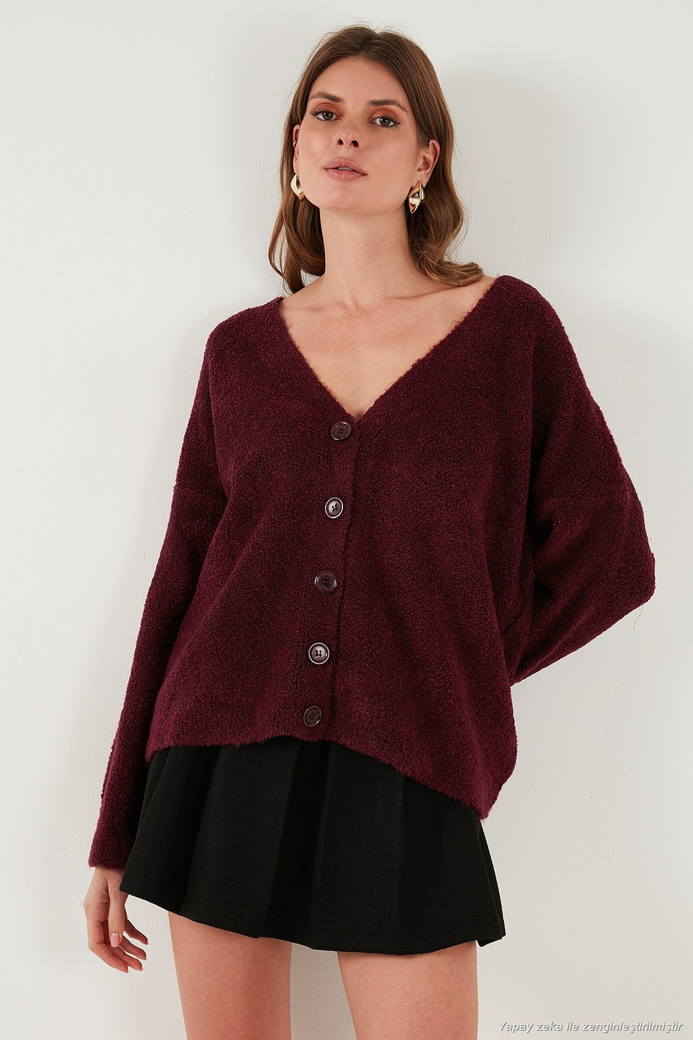 Oversize Fit Düğmeli V Yaka Uzun Kollu Triko Kadın Hırka 4616232 BORDO