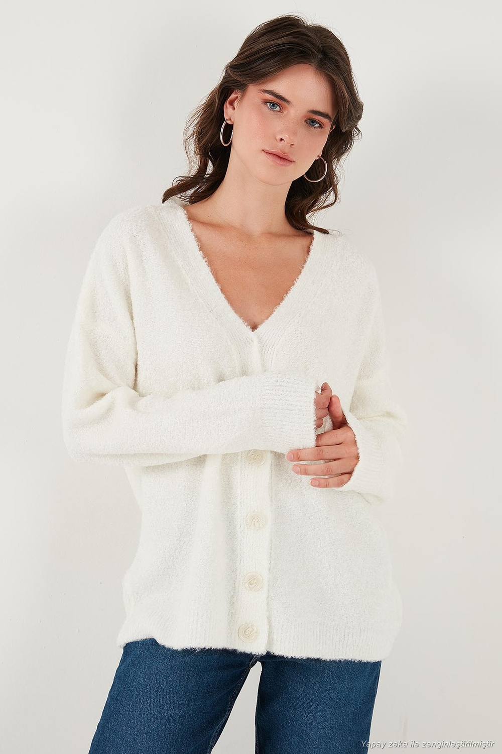 Oversize Fit Düğmeli V Yaka Uzun Kollu Triko Kadın Hırka 4616232 TAŞ