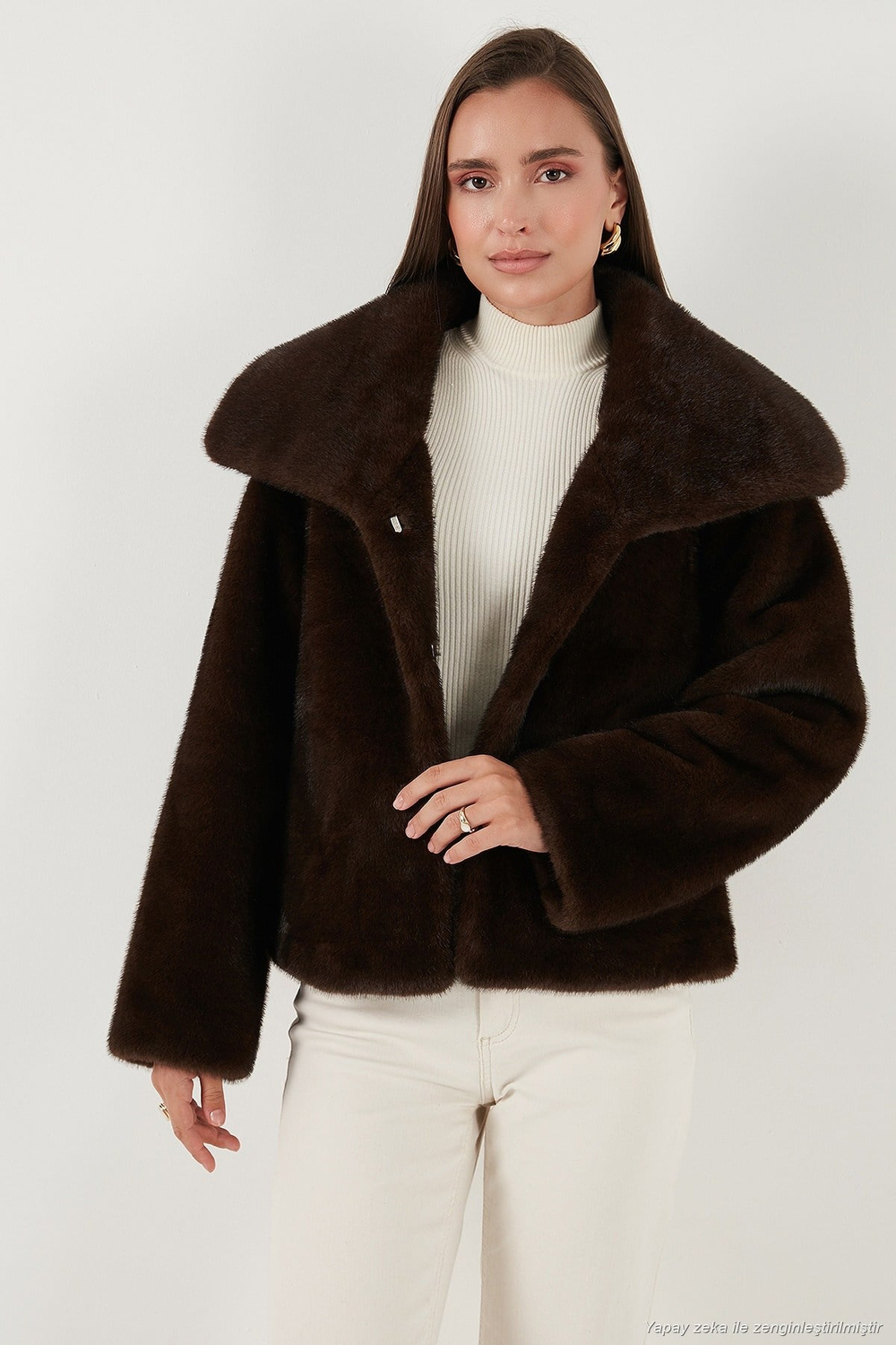 Oversize Fit Geniş Yaka Astarlı Kadın Kürk 497AFRA KAHVE