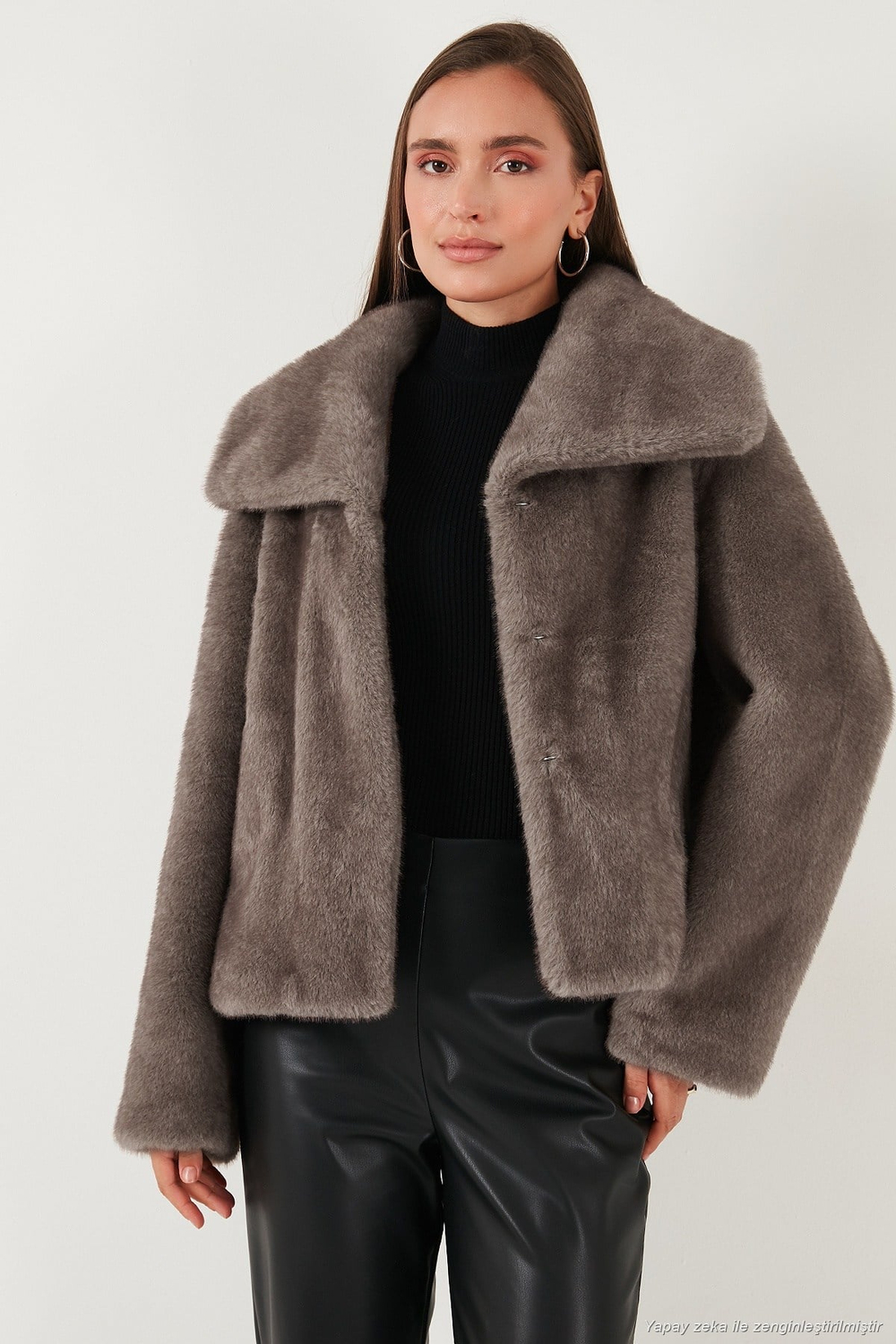 Oversize Fit Geniş Yaka Astarlı Kadın Kürk 497AFRA GRİ