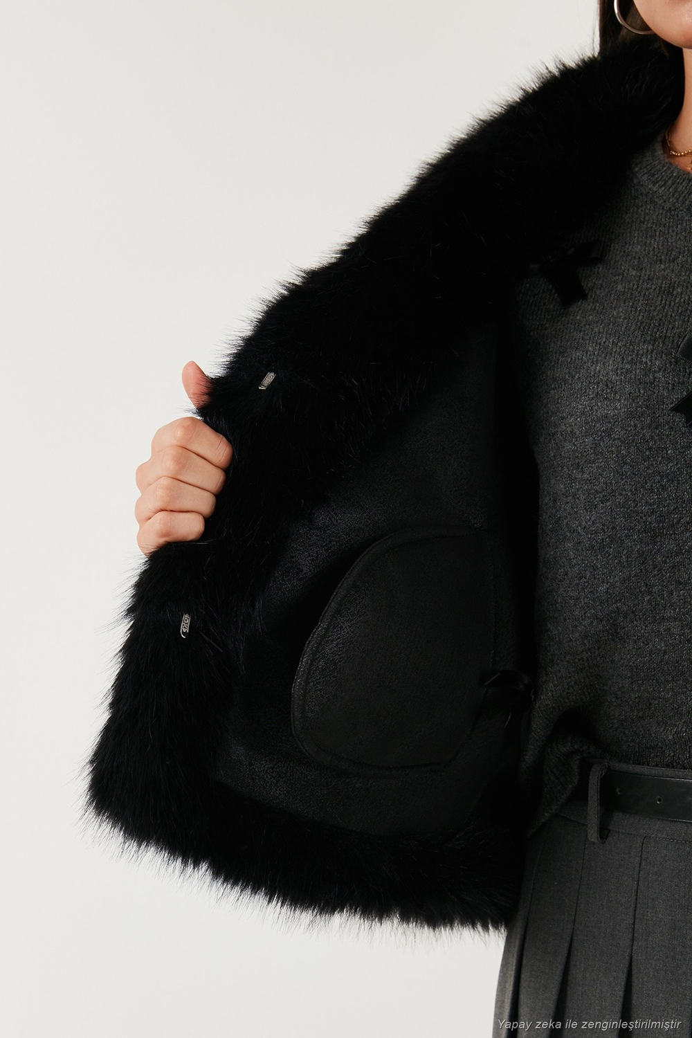 Oversize Fit Gömlek Yaka Cepli Astarlı  Mont Kadın Kürk 497BERRY SİYAH