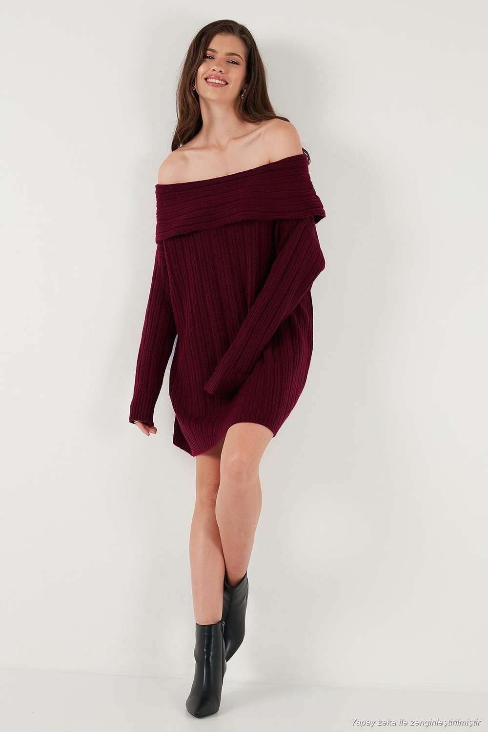 Oversize Fit Kayık Yaka Uzun Kollu Mini Triko Kadın Elbise 4615218 BORDO