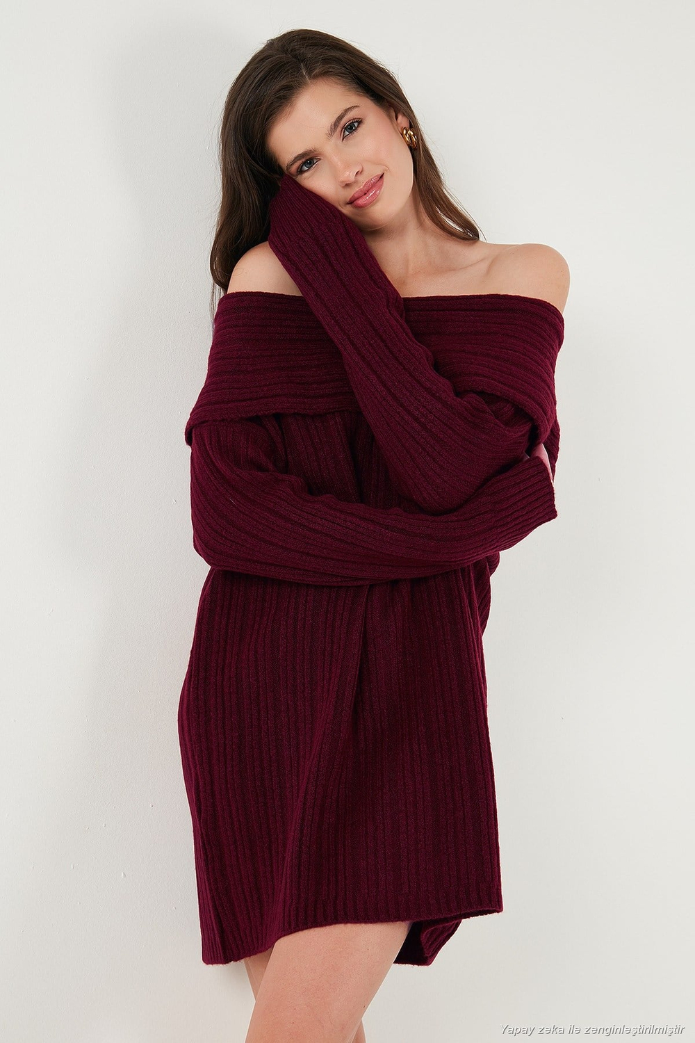 Oversize Fit Kayık Yaka Uzun Kollu Mini Triko Kadın Elbise 4615218 BORDO
