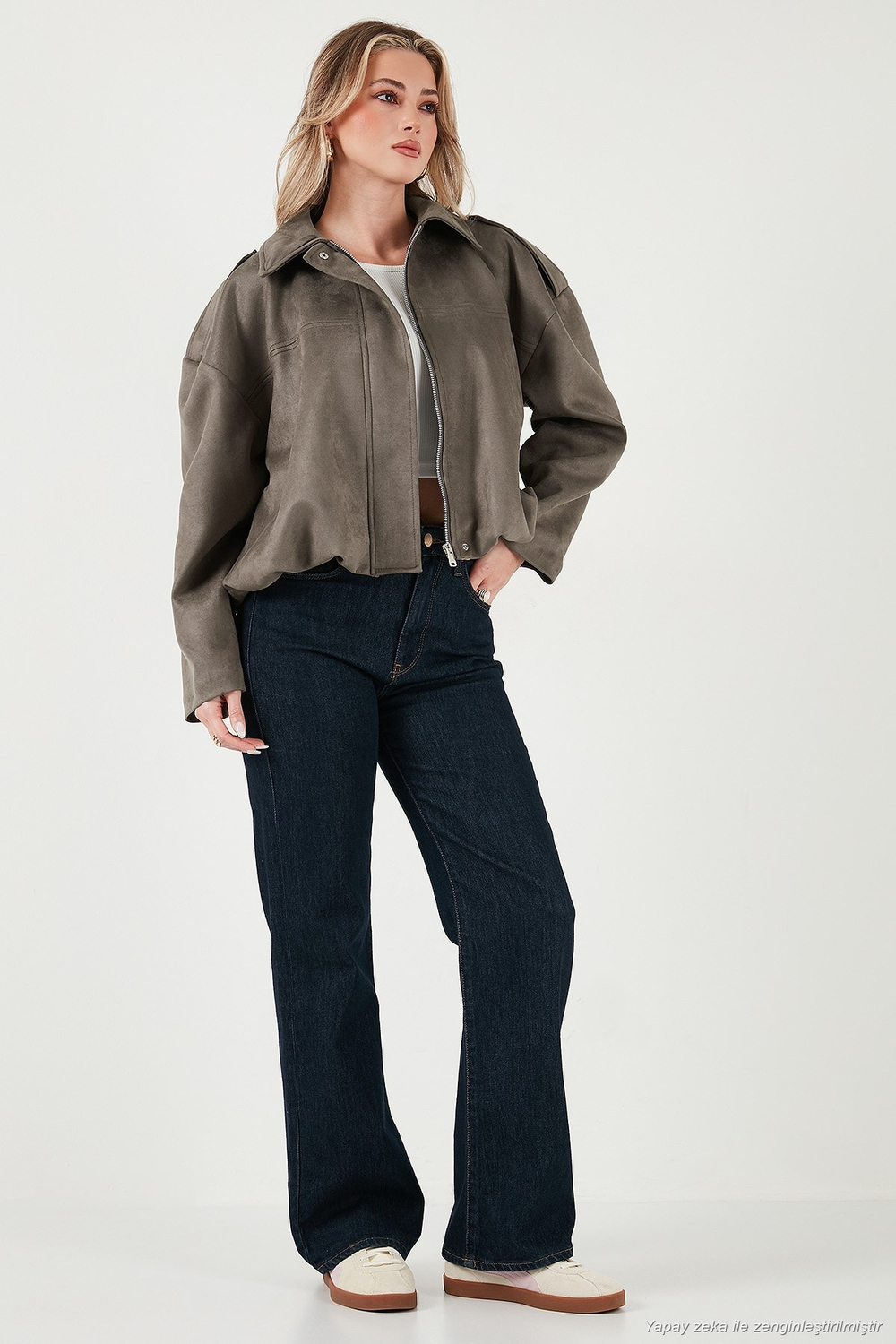 Oversize Fit Klasik Yaka Süet Dokulu Bomber Ceket Kadın Mont 6524932 HAKİ