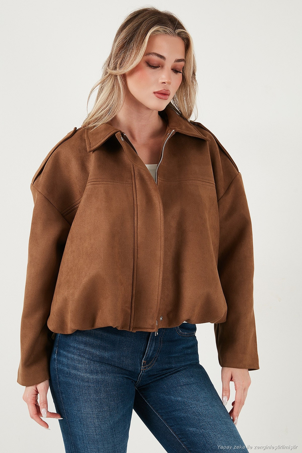 Oversize Fit Klasik Yaka Süet Dokulu Bomber Ceket Kadın Mont 6524932 TABA