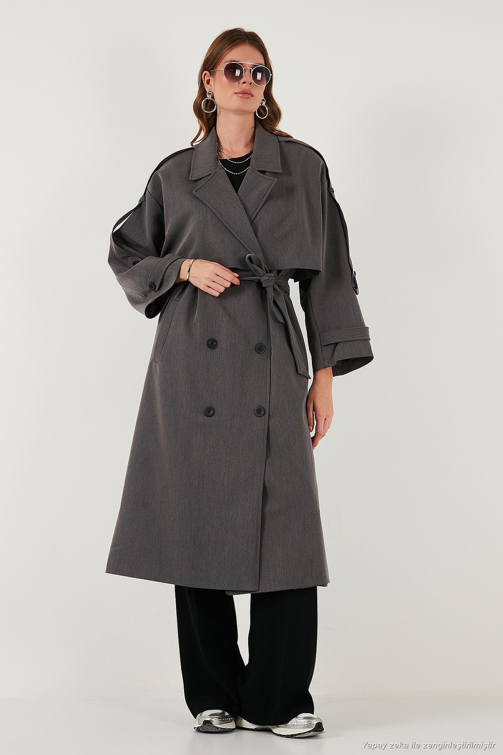 Oversize Fit Kruvaze Yaka Düğmeli Kemerli Uzun Kadın Trençkot 6839476 ANTRASİT