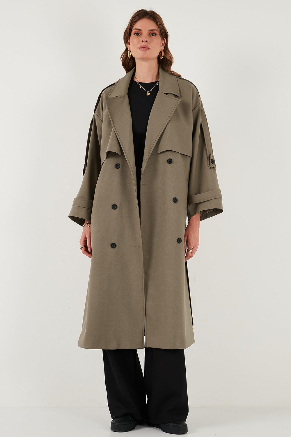 Oversize Fit Kruvaze Yaka Düğmeli Kemerli Uzun Kadın Trençkot 6839476 KARAMEL