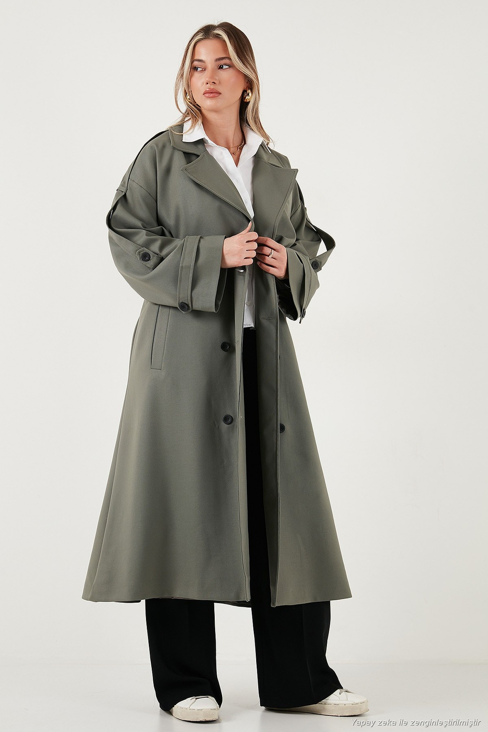 Oversize Fit Kruvaze Yaka Düğmeli Kemerli Uzun Kadın Trençkot 6839476 HAKİ