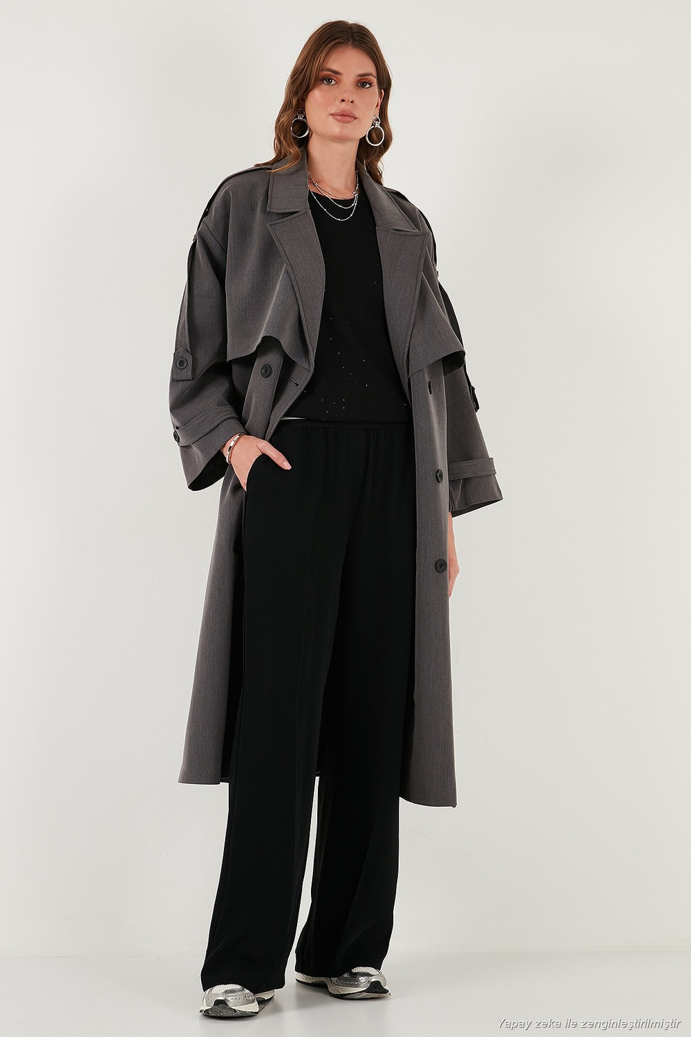 Oversize Fit Kruvaze Yaka Düğmeli Kemerli Uzun Kadın Trençkot 6839476 ANTRASİT