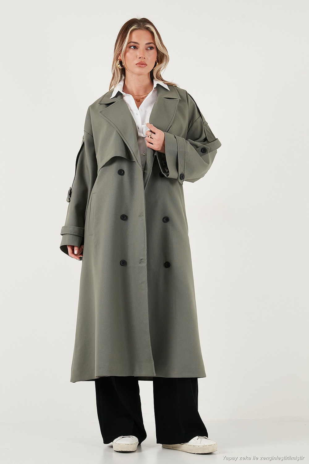 Oversize Fit Kruvaze Yaka Düğmeli Kemerli Uzun Kadın Trençkot 6839476 HAKİ