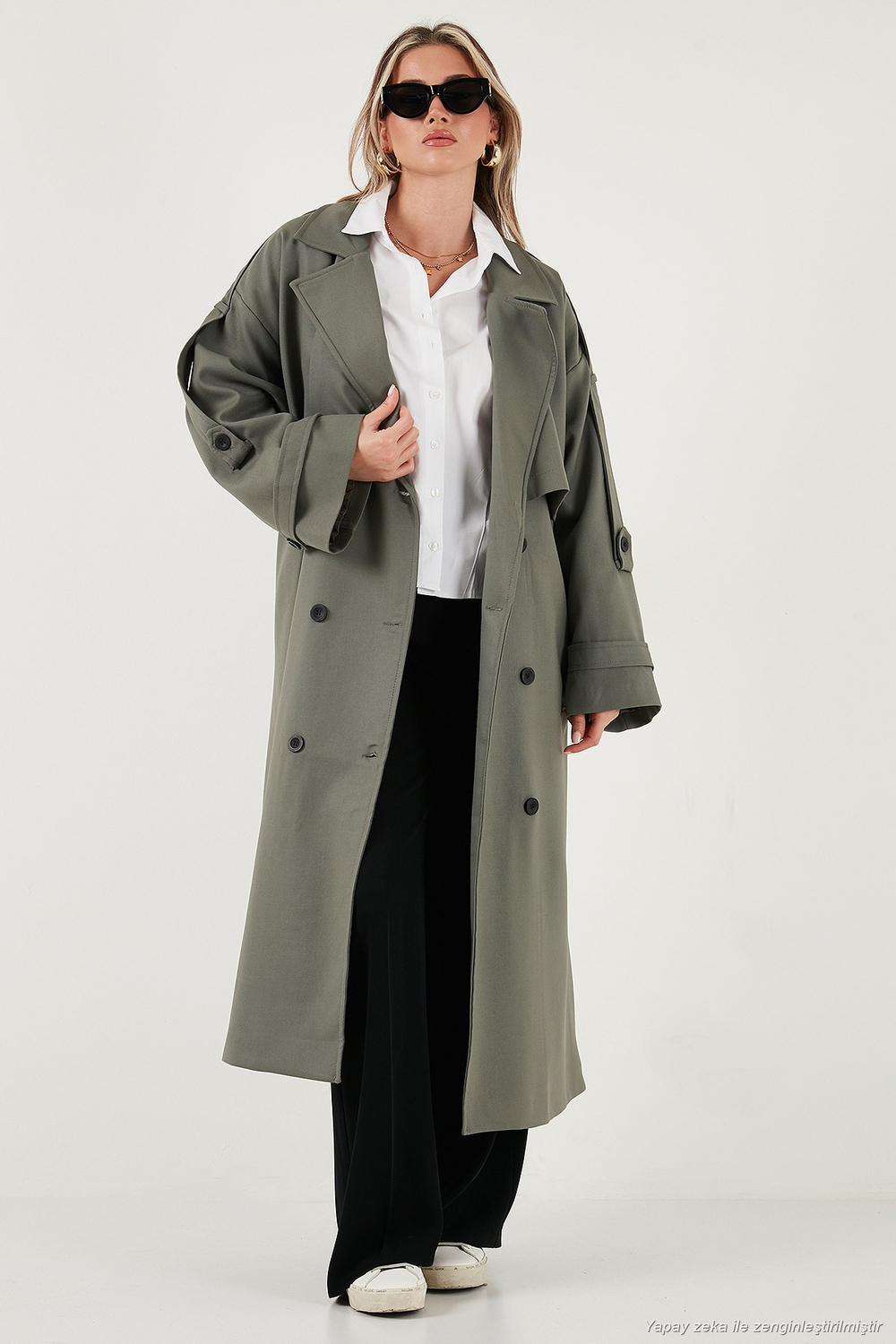 Oversize Fit Kruvaze Yaka Düğmeli Kemerli Uzun Kadın Trençkot 6839476 HAKİ