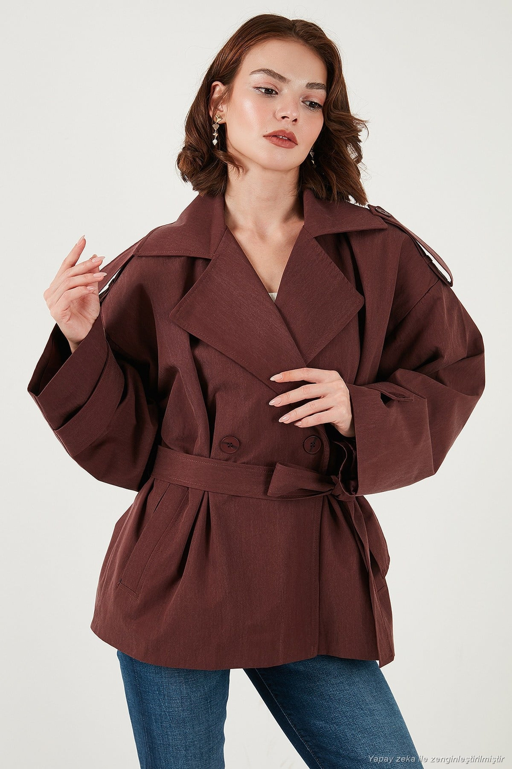 Oversize Fit Kruvaze Yaka Kuşaklı Düğmeli Kadın Trençkot 6839609 BORDO