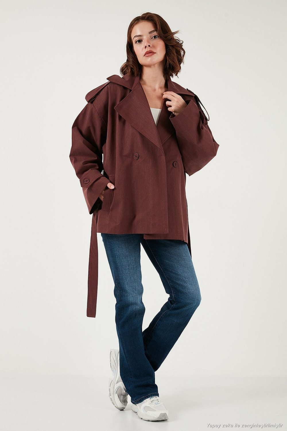 Oversize Fit Kruvaze Yaka Kuşaklı Düğmeli Kadın Trençkot 6839609 BORDO