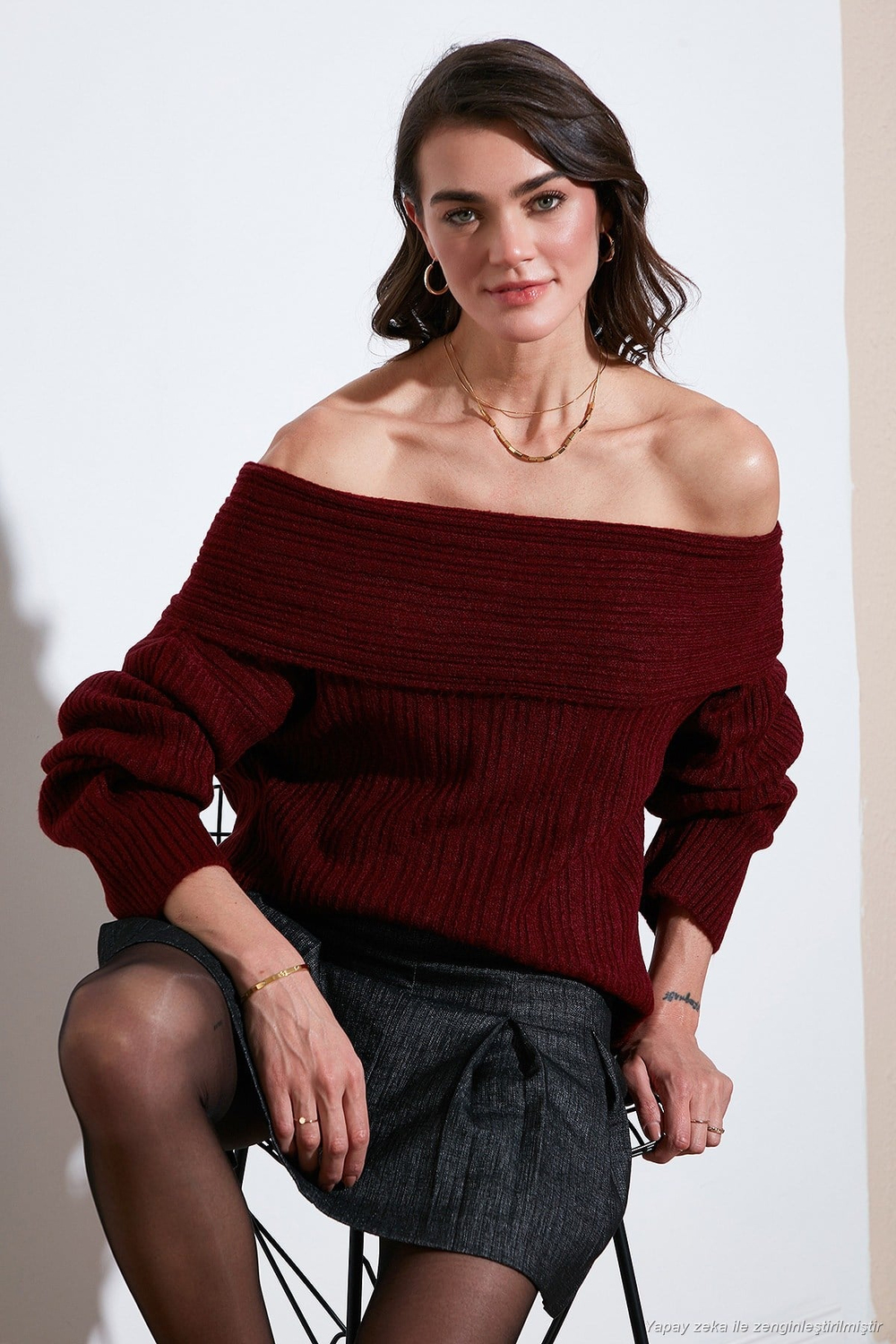 Oversize Fit Madonna Yaka Triko Kadın Kazak 4615216 BORDO