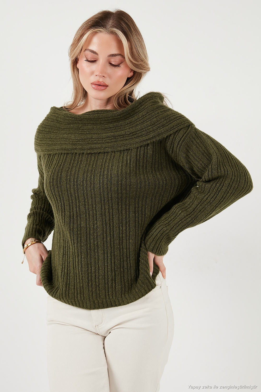 Oversize Fit Madonna Yaka Triko Kadın Kazak 4615216 HAKİ