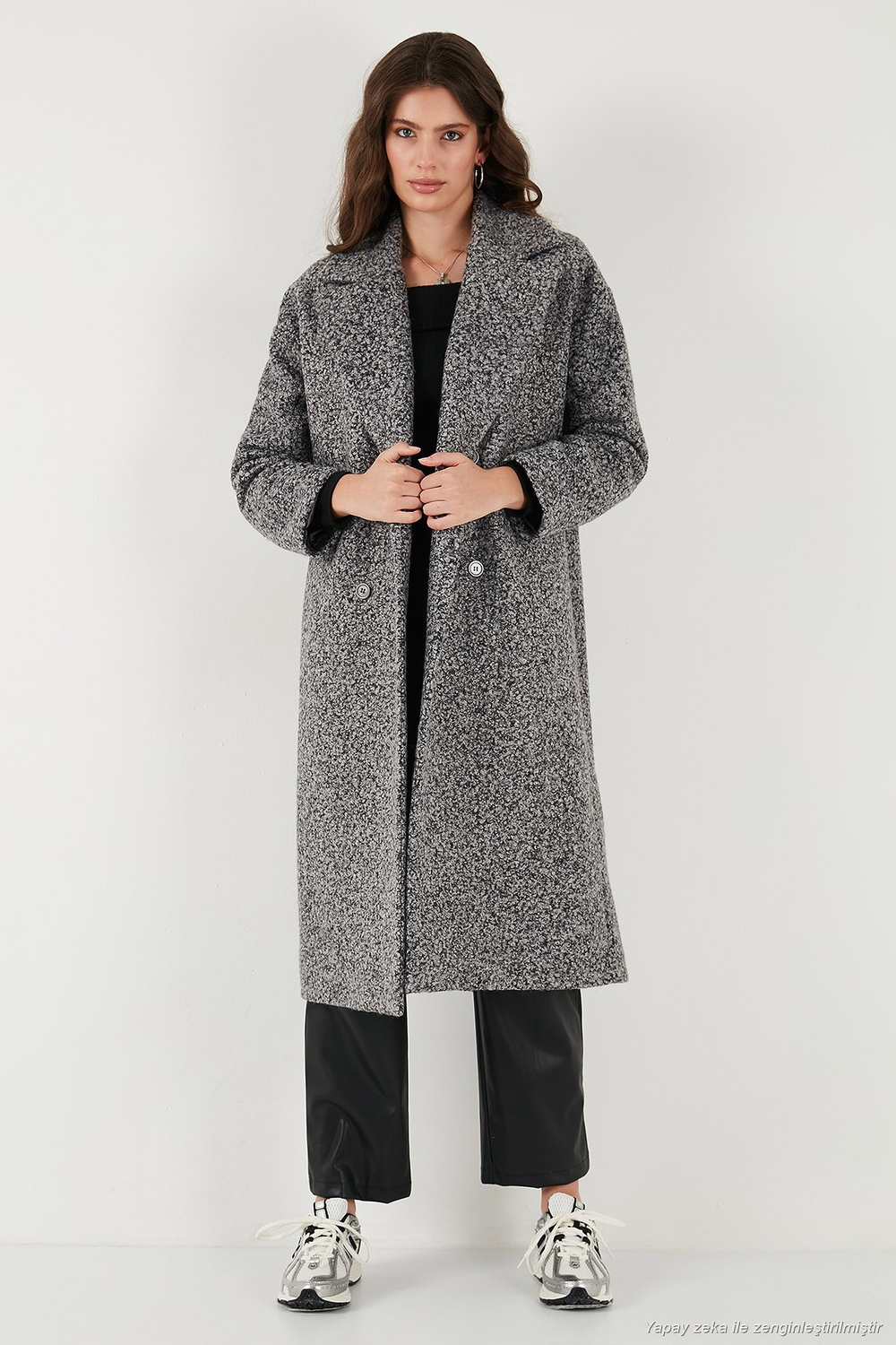 Oversize Fit Mono Yaka Düğmeli Buklet Uzun Kaşe Kadın Kaban 6810236 ANTRASİT
