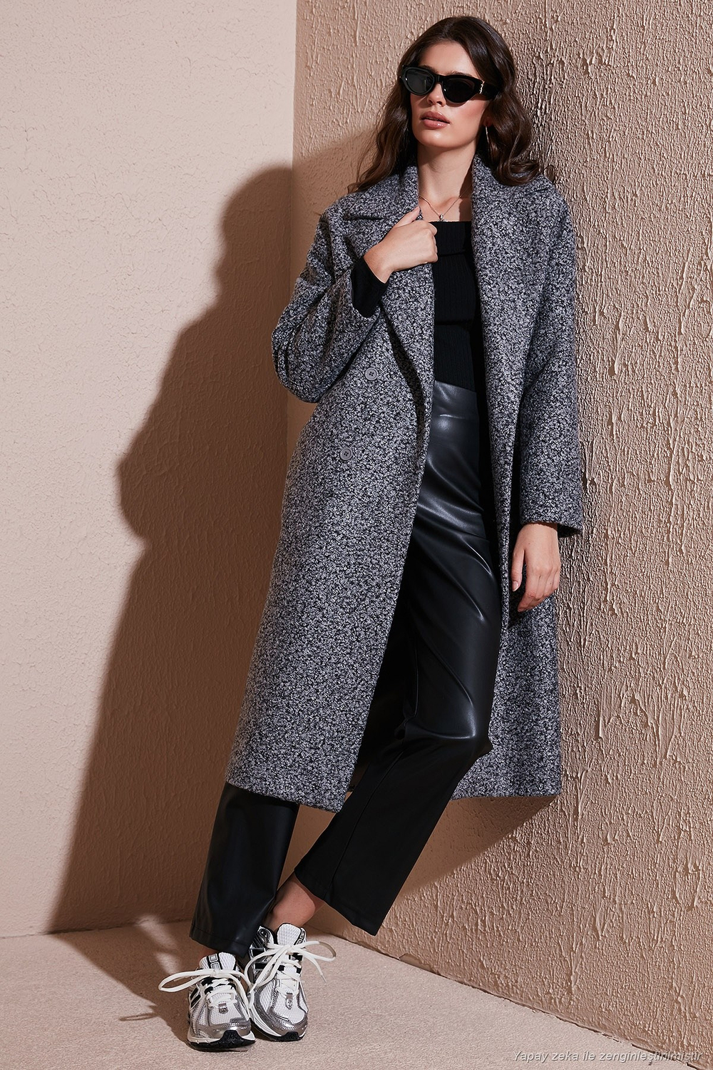 Oversize Fit Mono Yaka Düğmeli Buklet Uzun Kaşe Kadın Kaban 6810236 ANTRASİT