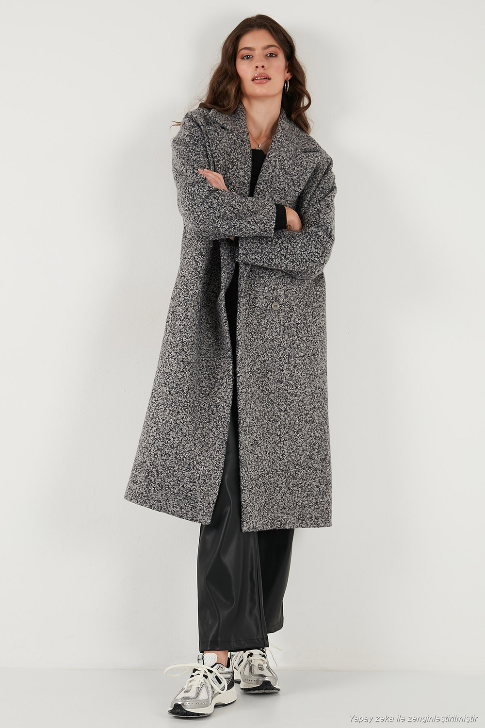 Oversize Fit Mono Yaka Düğmeli Buklet Uzun Kaşe Kadın Kaban 6810236 ANTRASİT