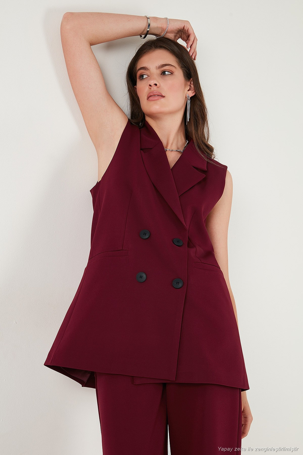 Oversize Fit Mono Yaka Kolsuz Düğmeli Ceket Kadın Yelek 6521177 BORDO